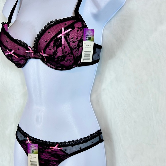 NWT Pink and Black Lace Bra and Thong Panties Set 34B - Picture 5 of 7